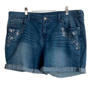 Jennifer Lopez Jean Shorts Faded Blue  Embellished Bling Turned Up Cuffs